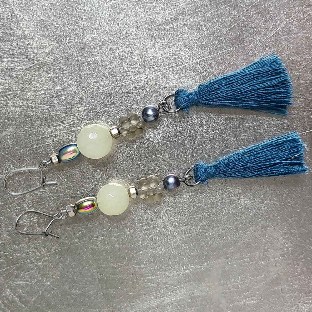 Earrings Teal Green Tassel Handmade Brand New Lightweight Eclectic Unique Gift